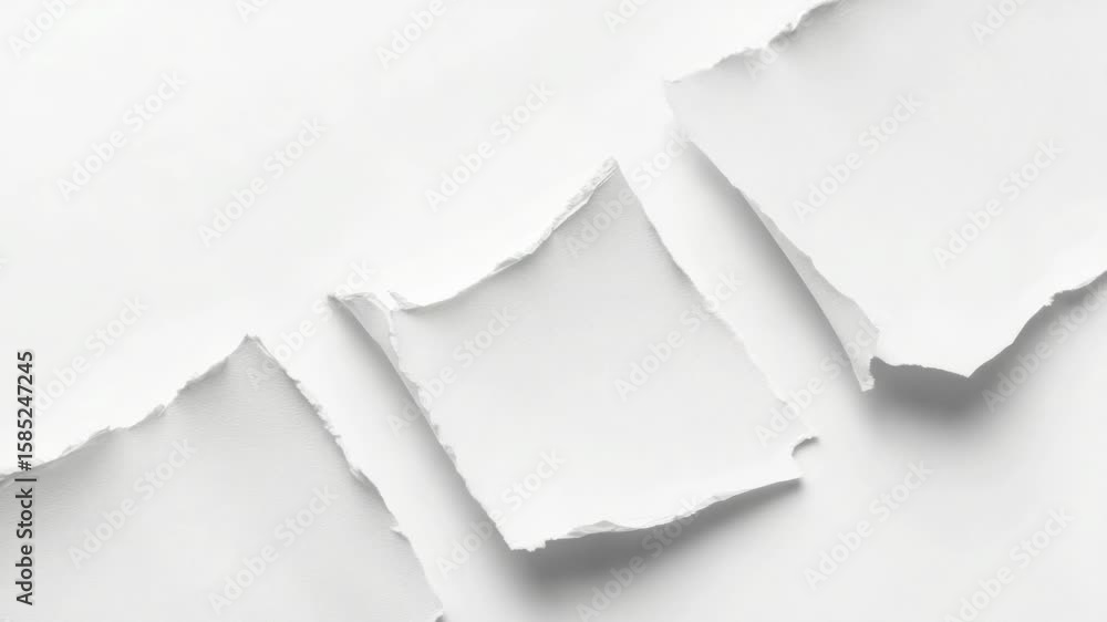 Poster multiple sheets of paper with edges torn off lie on a clean white surface, ideal for illustrating a 