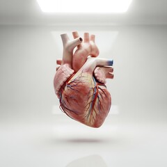 A detailed anatomical model of a human heart, isolated in a bright, minimalist studio.
