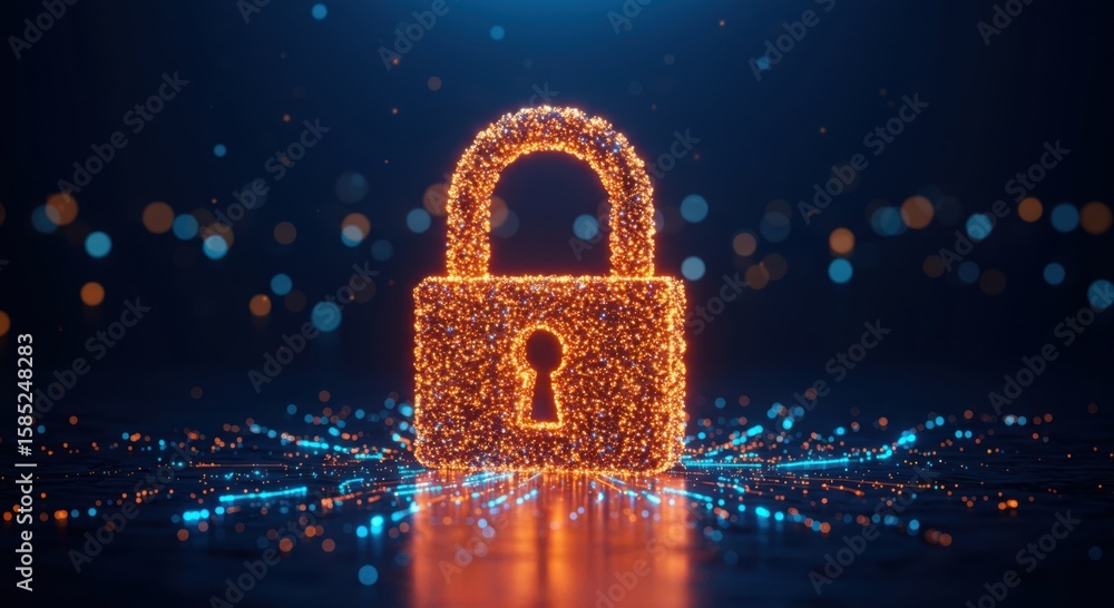 Poster digital lock security concept glowing with orange particles on a dark background with blue light str