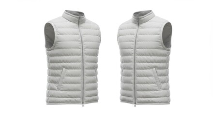 Two White Puffer Vests Isolated on White Background, Front View, Studio Shot.