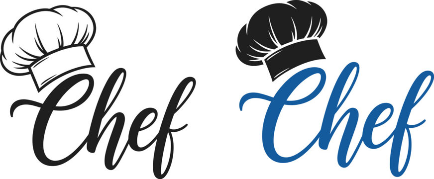 Two chef logos showcase culinary expertise with elegant typography and a classic chef hat in black and blue colors.