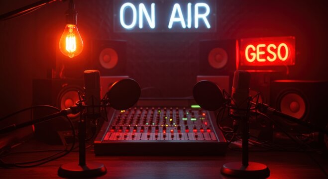 Professional recording studio setup featuring two microphones a mixing board and on air neon sign with red ambient lighting