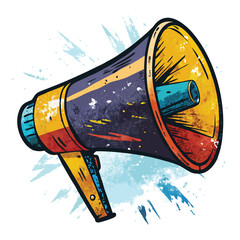 Retro style megaphone with blue splatter isolated on white background