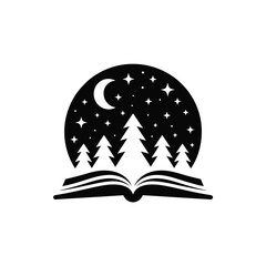 Open Book with Night Sky Moon Stars and Pine Trees