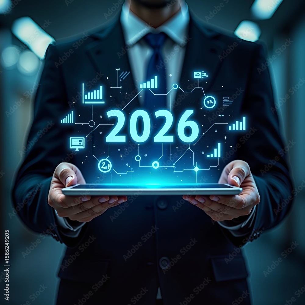 Poster future trends and digital business growth in 2026 with technology innovation visualized on virtual t