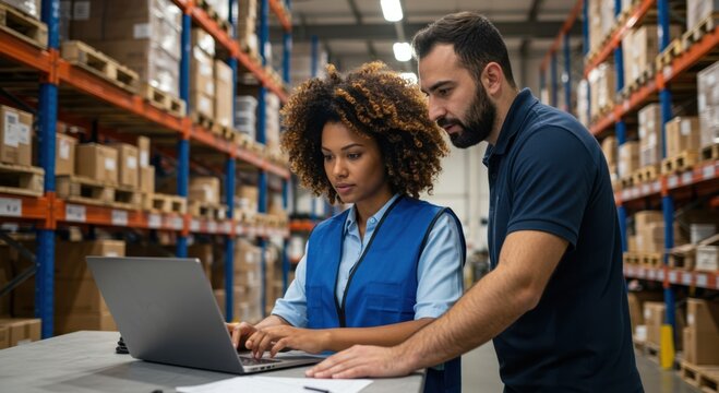 Two colleagues collaborating on a laptop in a busy distribution center with tall shelving units