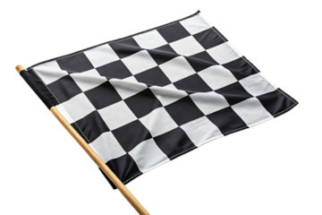 Waving checkered flag with wooden pole isolated on transparent background