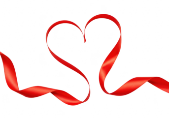 A shiny red ribbon elegantly forms a heart shape, isolated on a transparent background
