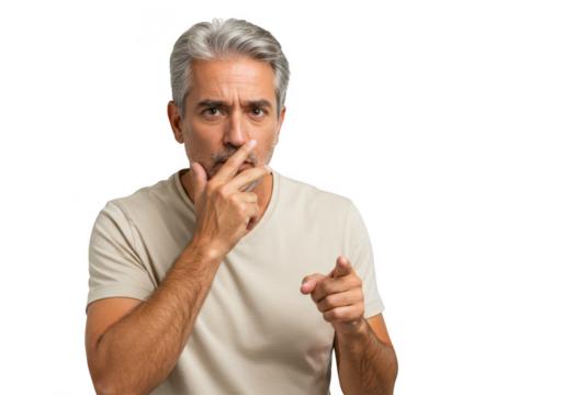 A middleaged man with grey hair touches his nose and points forward, thinking deeply, isolated on a transparent background