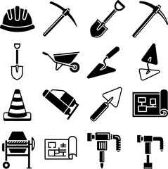 Obraz premium Discover a comprehensive construction tools icon set perfect for representing various building and repair equipment, transparent background