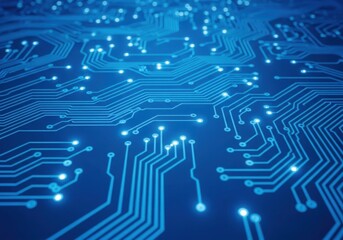 Abstract blue glowing circuit board with intricate pathways and nodes