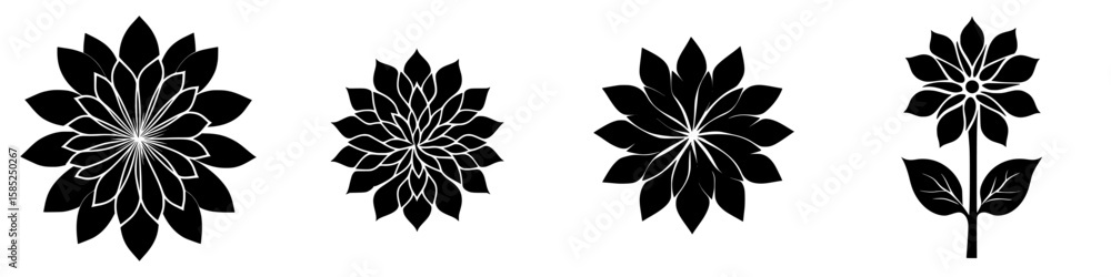 Poster floral designs featuring black icons with intricate patterns and shapes for decorative use in art an