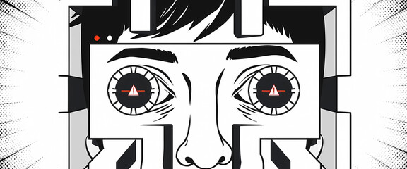 Vector halftone of a user trapped inside a pop-up window maze, eyes spinning with loading wheels and red alert signs.
