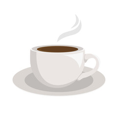 A cup of hot coffee. White cup with saucer and steam. Poster design for coffee shop, cafeteria. Vector illustration in flat art style.
