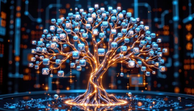 interactive hologram of ai knowledge tree, branching nodes storing different customer topics, safe memory nodes