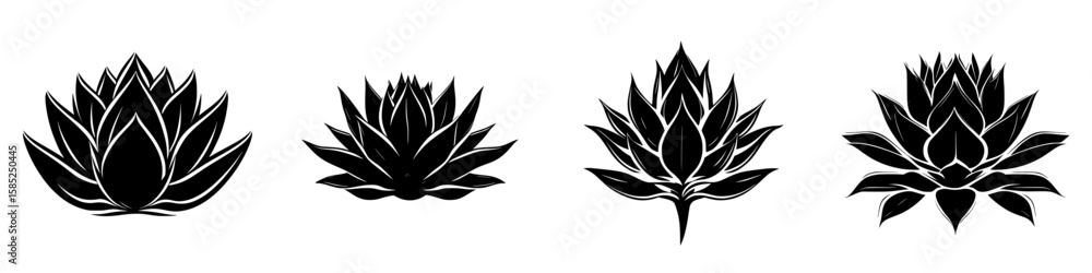 Poster black icon featuring different variations of a lotus flower design with intricate details and clean 