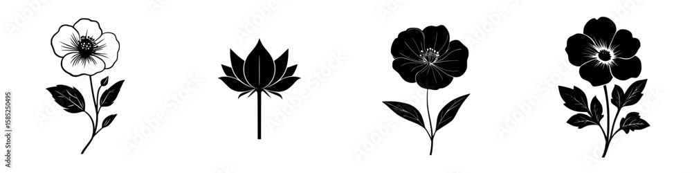 Poster different types of black floral icons featuring unique shapes and designs for use in various graphic