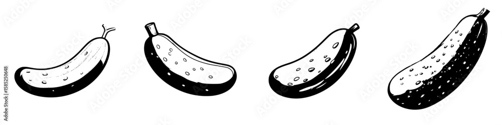 Poster various black icons of cucumbers arranged in a row showing different shapes and sizes with simple bl