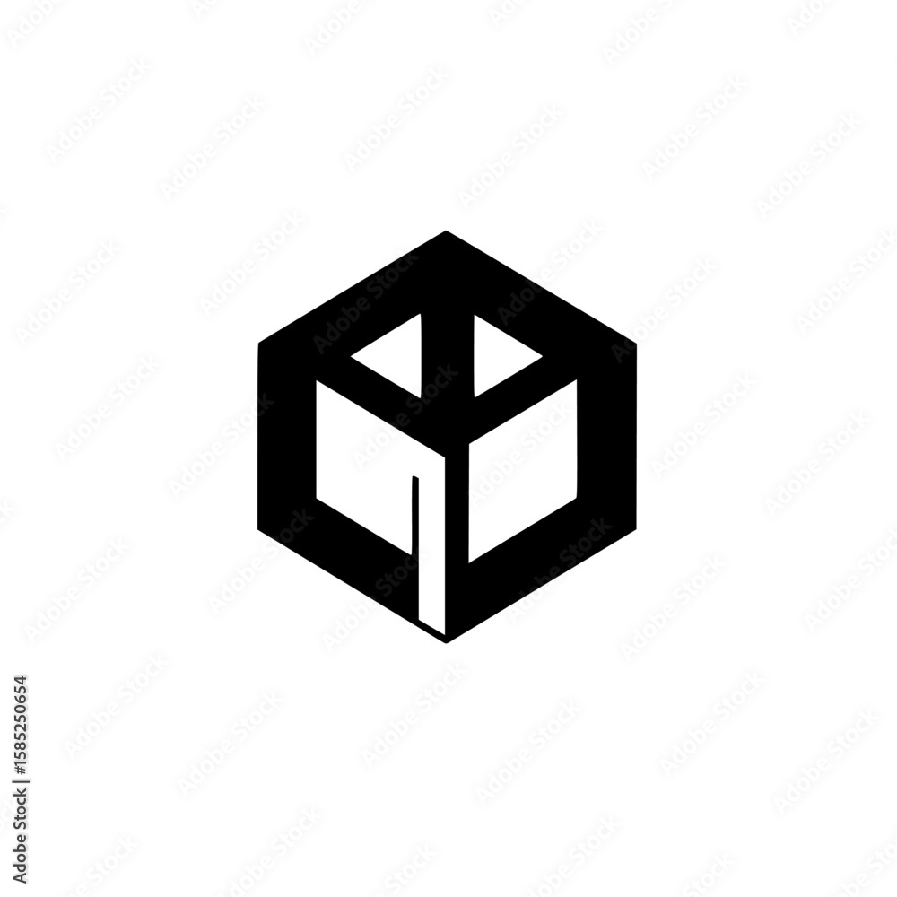 Poster minimalist black icon design featuring a three-dimensional cube shape suitable for various applicati