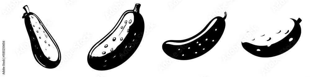 Aufkleber illustration showcasing a series of black cucumber icons representing various shapes and sizes in a 