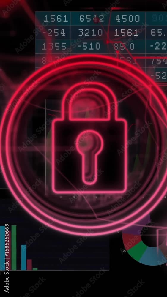 Poster lock icon and security animation over financial data and charts
