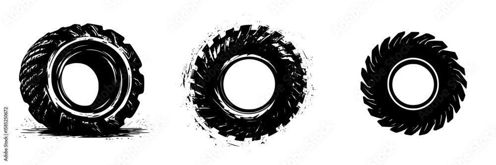 Poster different styles of black tire icons displayed in a row illustrating various designs and textures