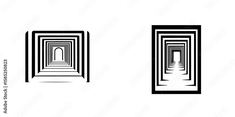 Poster black icon featuring symmetrical lines and vanishing points creating a sense of depth and perspectiv