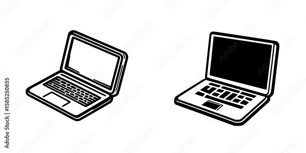 Poster black icon of two laptops displayed side by side highlighting different designs and functionalities 