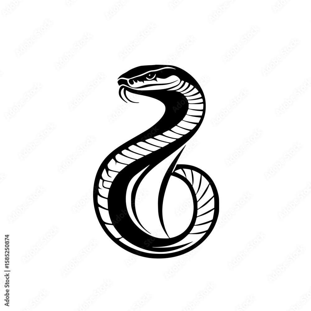 Poster black icon of a serpent in a coiled position with intricate patterns, suitable for various graphic d