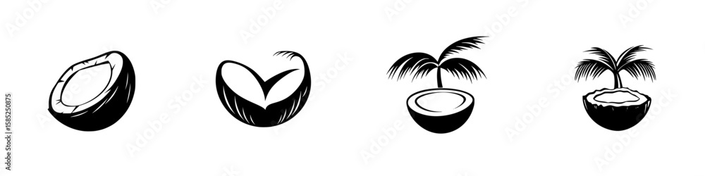 Poster black icon set displaying various styles of coconut illustrations with palm trees and halves on a wh