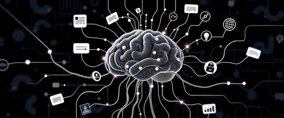 Vector halftone of a brain wired into algorithmic tentacles, each one pulsing with notifications, alerts, and viral news.
