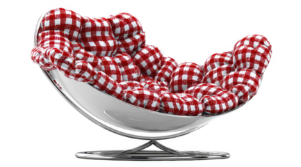 White, curved chair with red-and-white checkered cushions