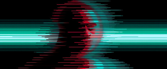 Vector halftone of a faceless figure glitching into transparent layers as the feed speed increases beyond human pace.

