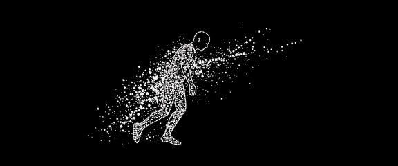 Vector halftone of a humanoid outline frozen mid-scroll, body disintegrating into bits as shock headlines burst from the phone.
