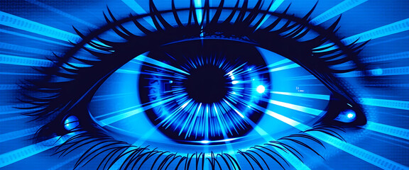 Vector halftone of an eye overloaded with blue light, scrolling timelines reflected in the lens like endless conveyor belts.
