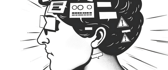 Vector halftone of a human head rotating rapidly, each face marked with popups, memes, opinion graphs, and warning labels.
