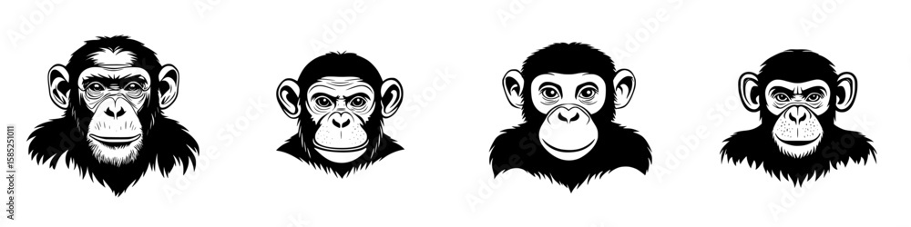 Poster four unique black icons showcase the heads of monkeys, displaying a range of expressions