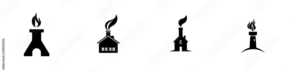 Poster various black icons representing chimneys with smoke in different styles and shapes depicted on a cl