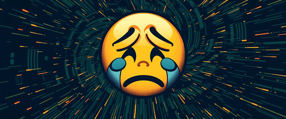 Vector halftone of a crying emoji warping into a human face, as the background swirls with distorted internet noise.

