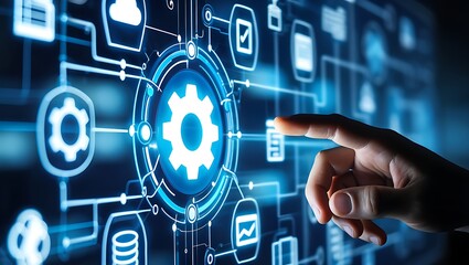 Human finger interacting with a futuristic digital interface displaying glowing blue icons and interconnected lines representing technology and data flow