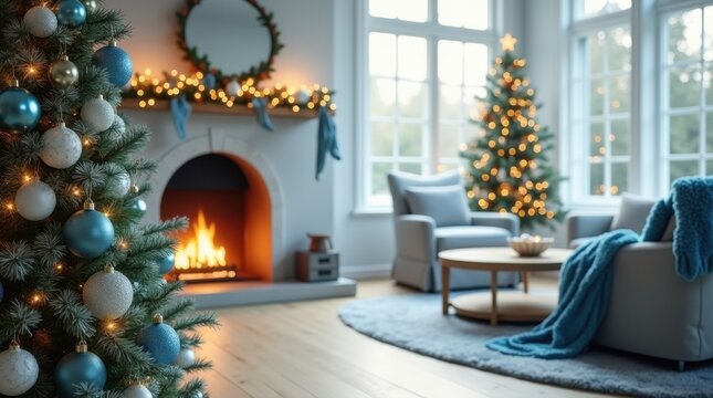 realistic living room with a vibrant Christmas tree adorned with blue ornaments, minimalist fireplace, plush armchair, blue throw, and floor-to-ceiling windows in soft, natural light.