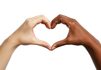 Fototapeta premium Two hands, one lightskinned and one darkskinned, form a heart shape, isolated on transparent background