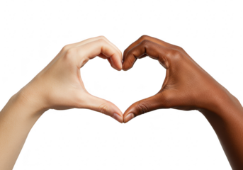 Two hands, one lightskinned and one darkskinned, form a heart shape, isolated on transparent background