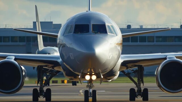 Large jetliner sits on the airport runway ready for takeoff