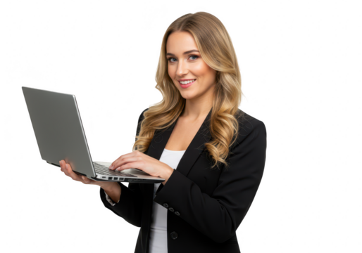 A smiling businesswoman confidently typing on her laptop, isolated on transparent background
