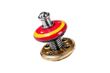 Red and yellow spinning top, metallic base