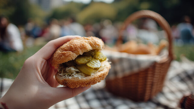 Picnic scene with hand holding delicious sandwich in sunny park setting. National Sandwich Month. German Sandwich Day