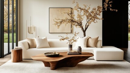 Modern minimalist living room with sculptural coffee table and elegant decor