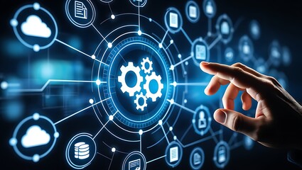 A human finger touches a glowing digital network interface displaying interconnected icons for cloud computing data finance and user profiles symbolizing technology and connectivity