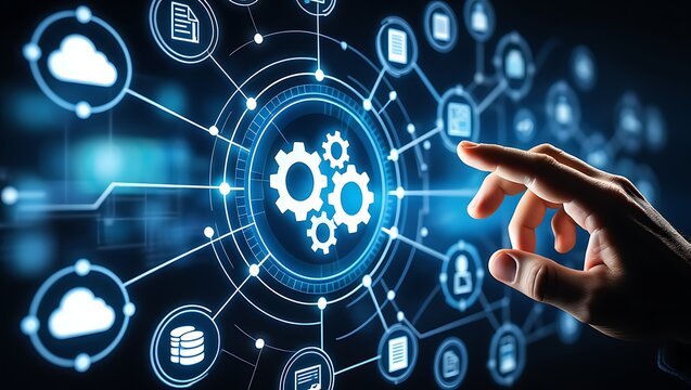 A human finger touches a glowing digital network interface displaying interconnected icons for cloud computing data finance and user profiles symbolizing technology and connectivity